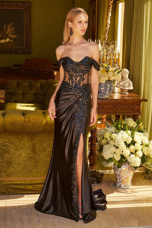 Satin Off Shoulder Gown by Elizabeth KGL3623