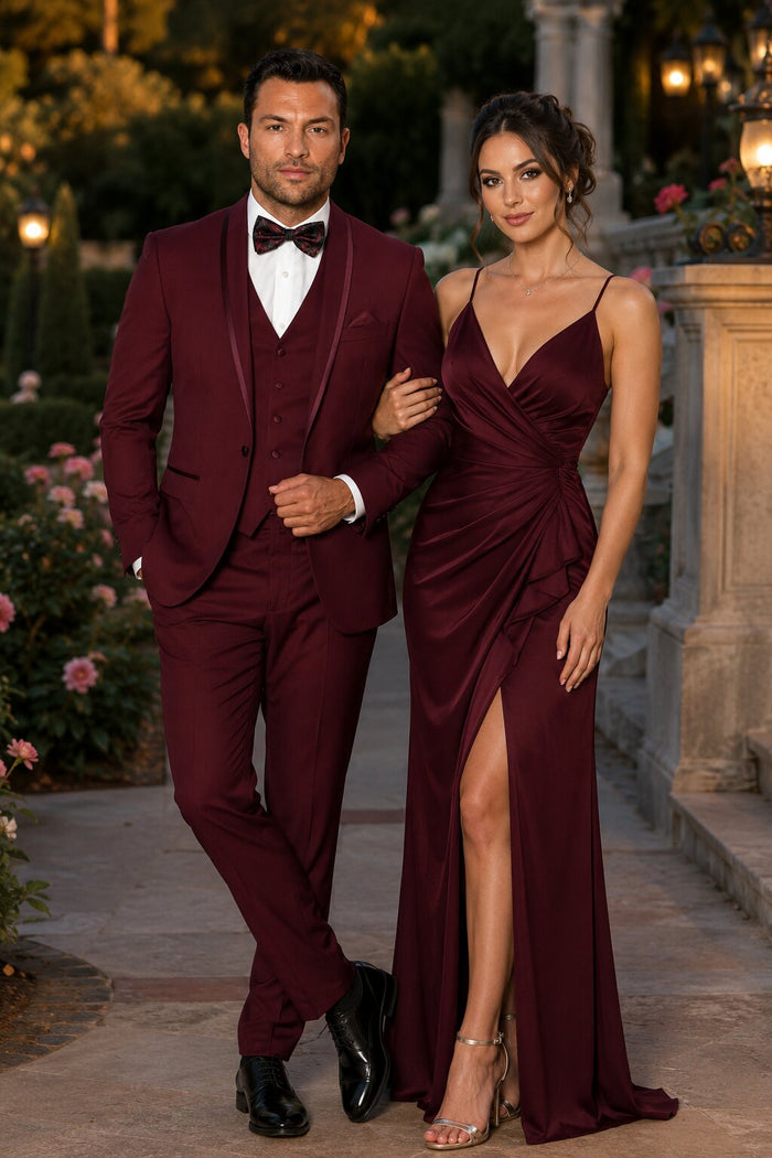 Maroon Prom Suit - Maroon Prom Tuxedo Suits - Maroon Wedding Tuxedo Mens One Button Satin Trim Shawl Tuxedo in Burgundy Wool by PROMTUXEDO