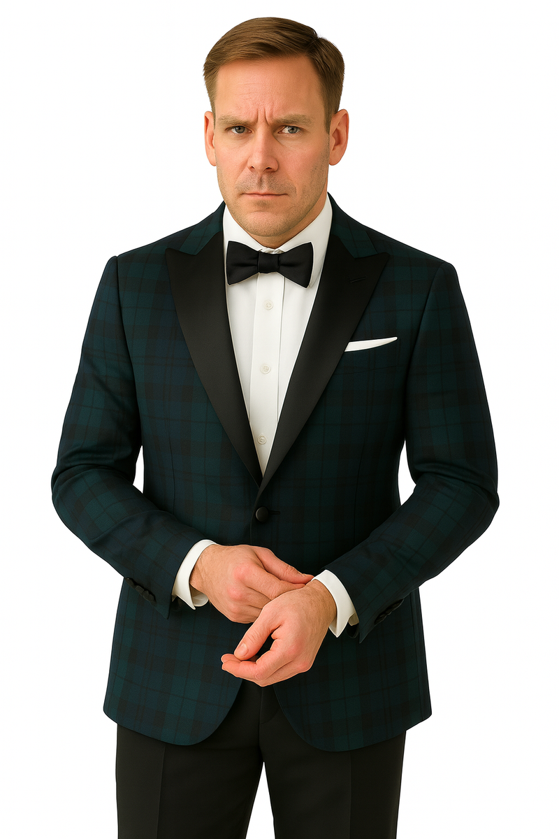 Big and Tall Plait Sport Coat - Windowpane Checkered Scottish English Pattern Party Blazers in Color Green and Blue Tartan