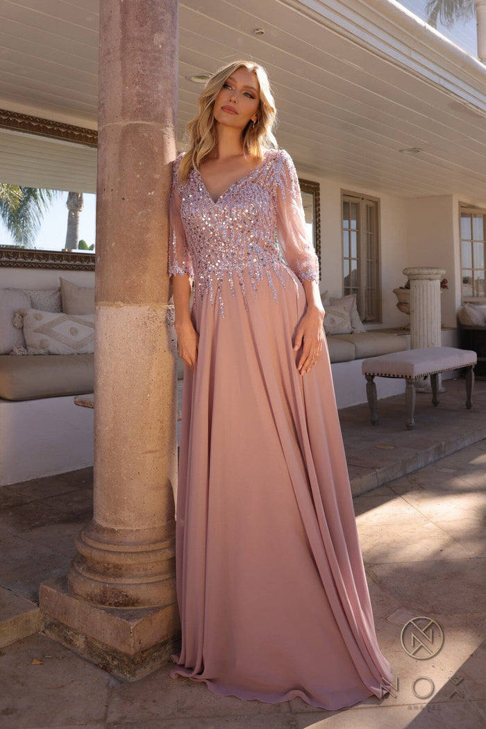 Nox Anabel MF100 Beautiful Sequin Bodice 3/4 Sleeve A-line Gown