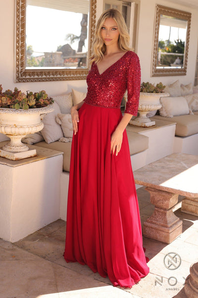 Nox Anabel MF103 Glamorous Sequin Bodice A-Line Gown with 3/4 Sleeves