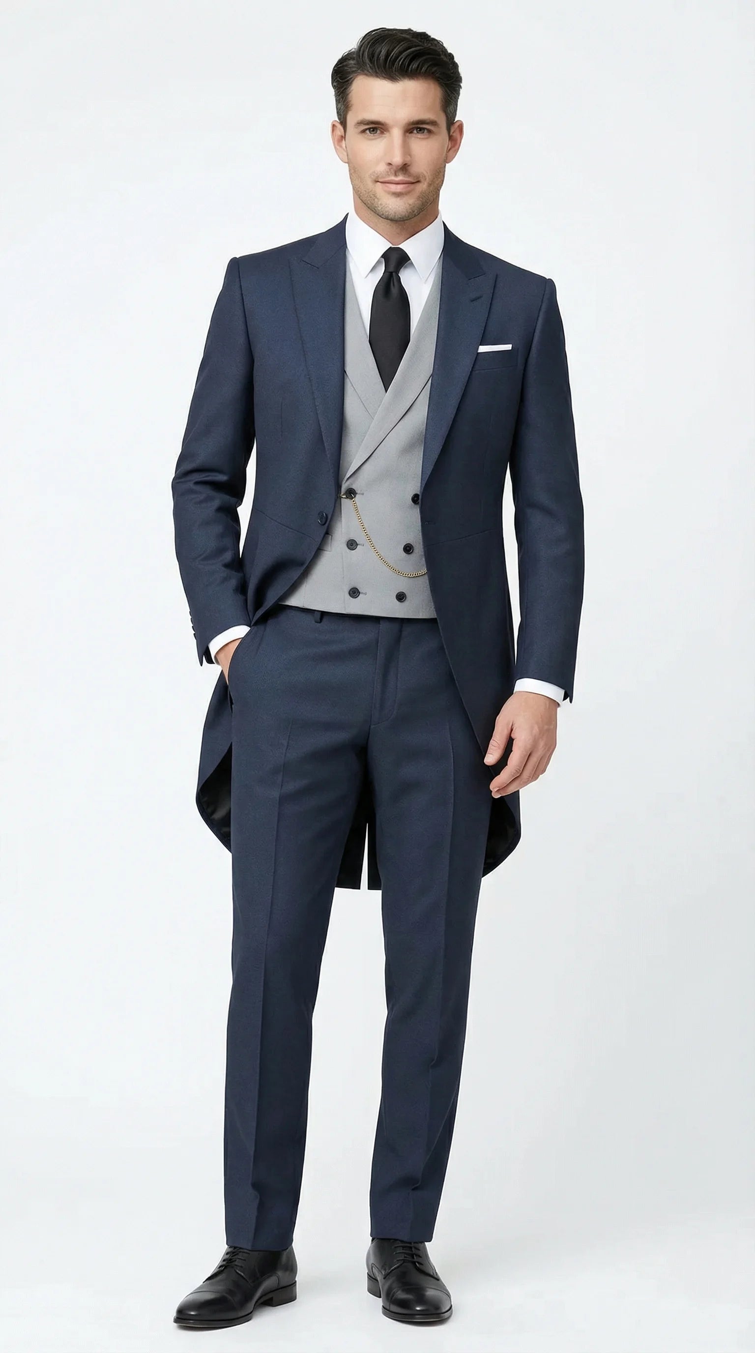 Men’s Navy Blue Three Piece Formal Suit – Cutaway Tuxedo Blazer Trousers for Wedding Tailcoat