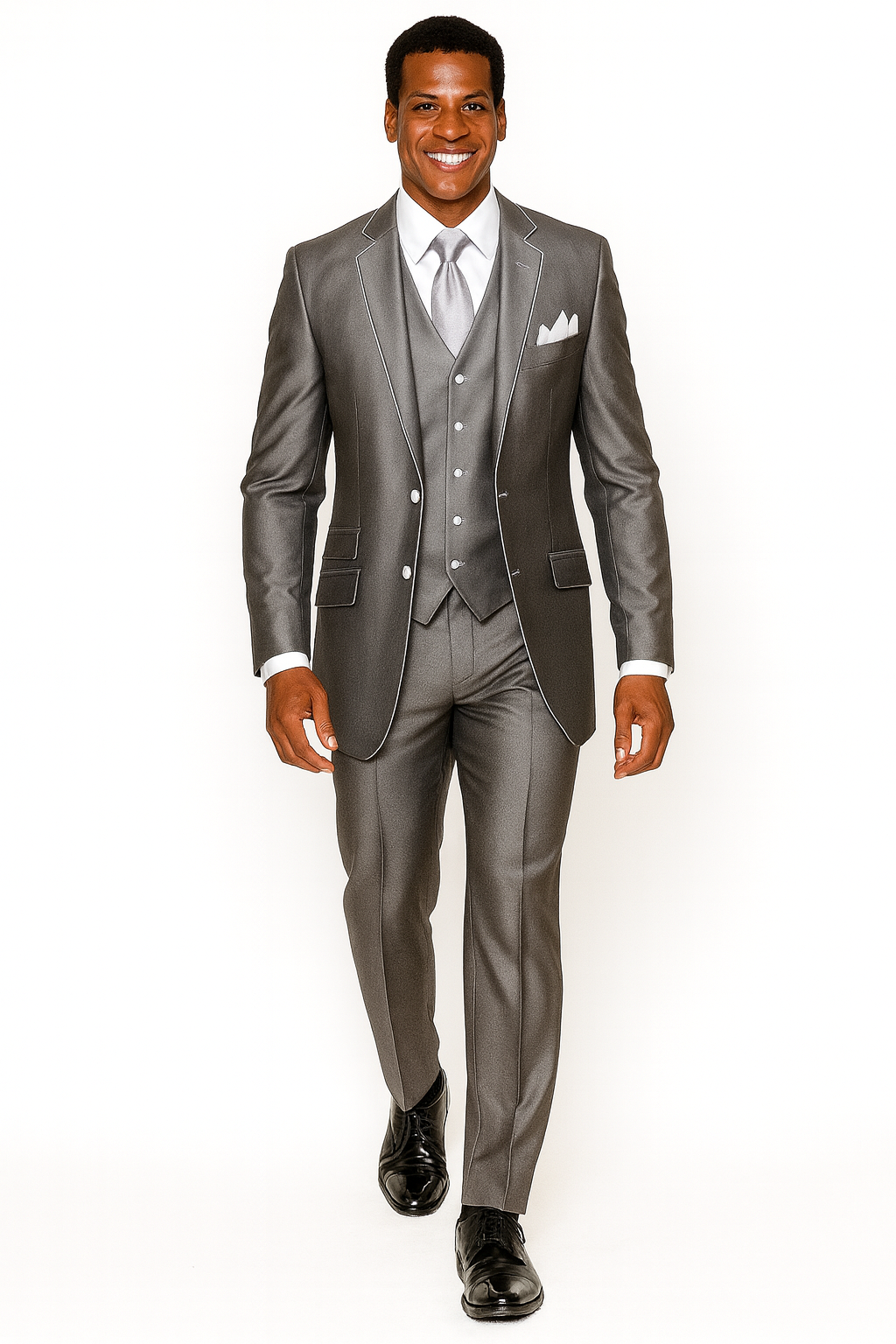 "Sharkskin Slim Fit Tuxedo Suit with Vest - Silver Grey, White Piping"