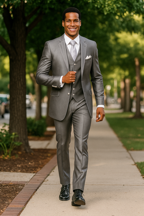 "Sharkskin Slim Fit Tuxedo Suit with Vest - Silver Grey, White Piping"