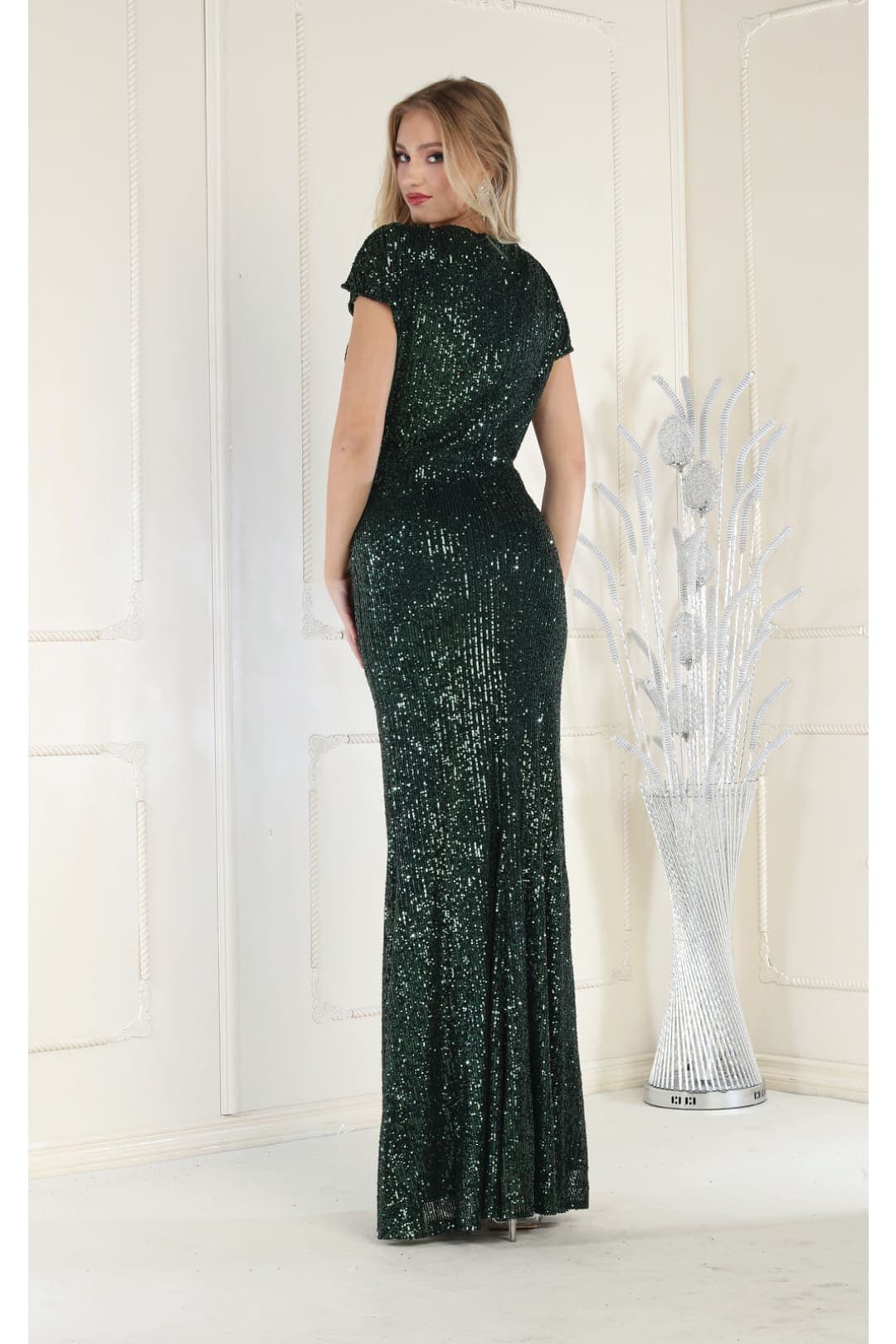 Sequin Formal Gown Shimmering Long V-Neck Evening Dress & Plus Size
