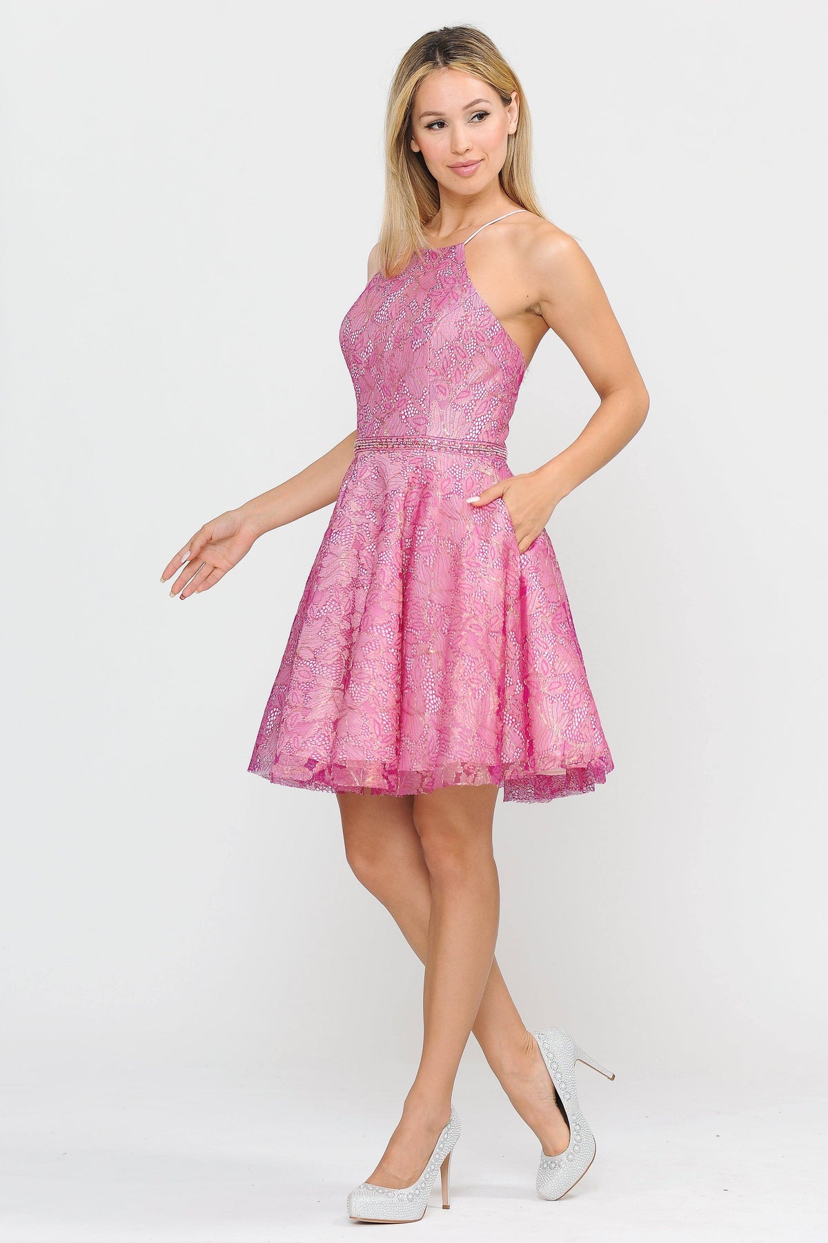 Poly USA 8410 Short Glitter Print Dress with Pockets