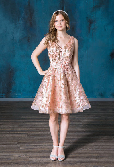 Short Glitter Print V-Neck Dress by Calla Collection KY-72534