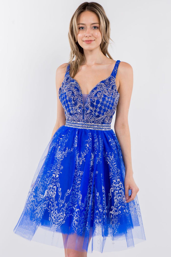 Glitter Print V-Neck Short Dress by Elizabeth KGS1965