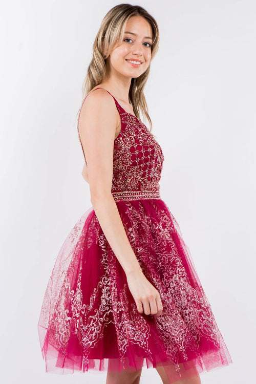 Glitter Print V-Neck Short Dress by Elizabeth KGS1965