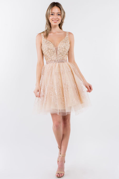 Glitter Print V-Neck Short Dress by Elizabeth KGS1965