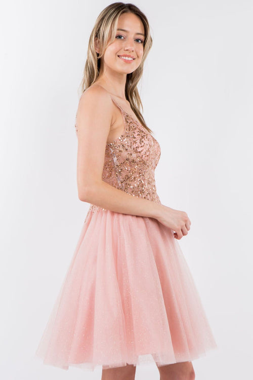 Short Sheer Bodice Glitter Dress by Elizabeth KGS1967