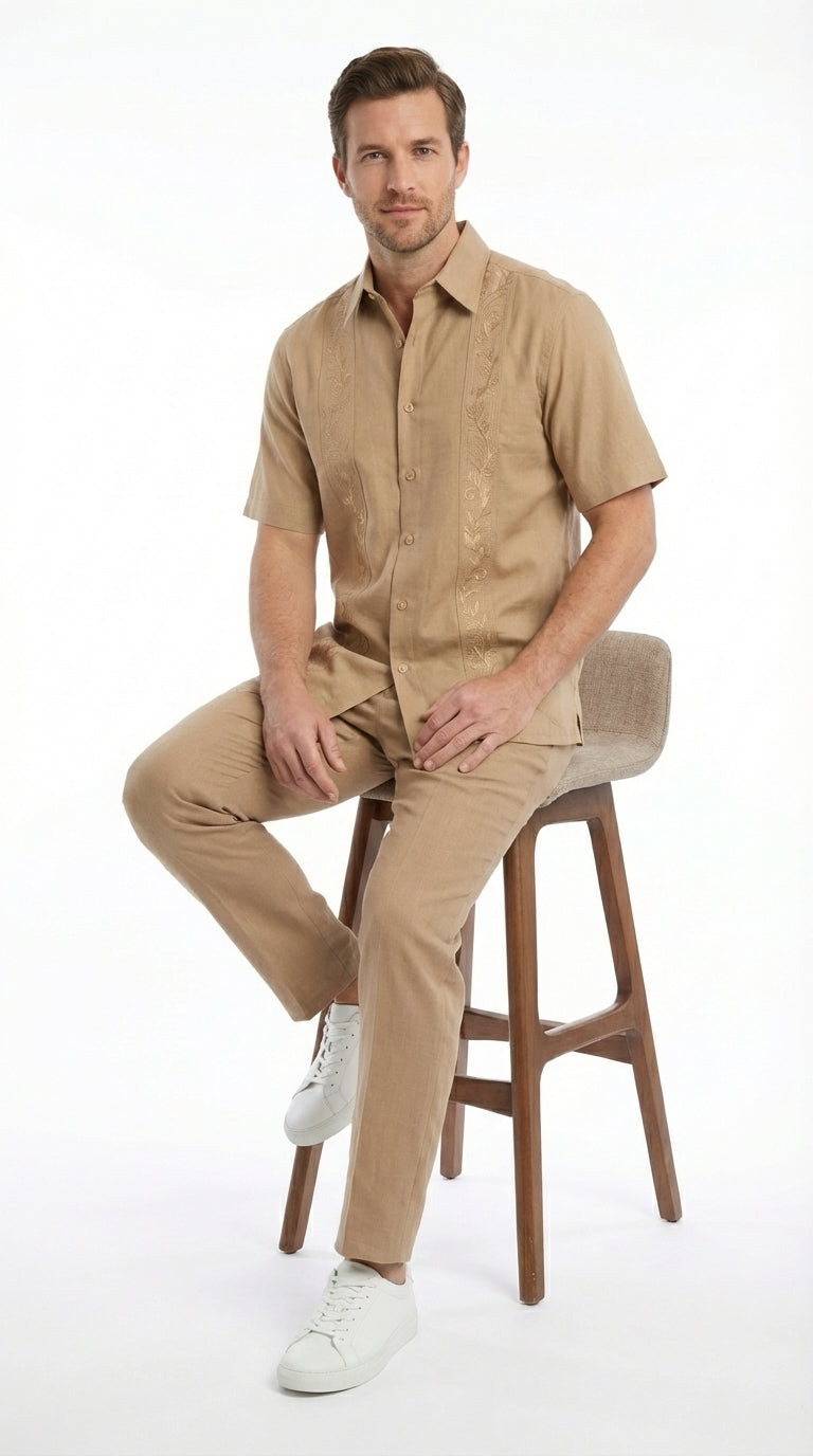 Mens Tan Embroidered Walking Suit Set – Short Sleeve Shirt and Pants Casual Summer Outfit for Vacation, Beach in khaki Beige Color