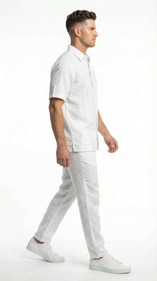 Mens White Embroidered Walking Suit Set – Short Sleeve Shirt and Pants Casual Summer Outfit for Vacation, Beach and Everyday Wear