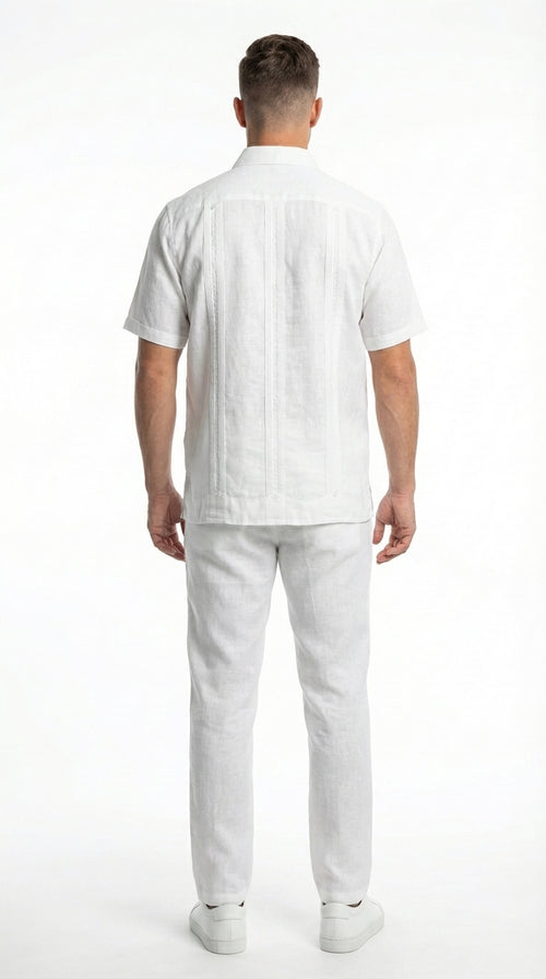 Mens White Embroidered Walking Suit Set – Short Sleeve Shirt and Pants Casual Summer Outfit for Vacation, Beach and Everyday Wear