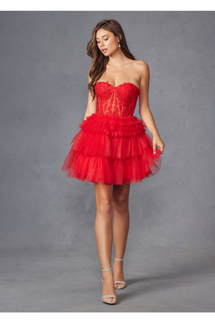 Short Strapless A-line Tiered Dress by Juliet JT918S