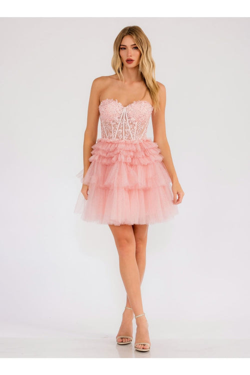 Short Strapless A-line Tiered Dress by Juliet JT918S
