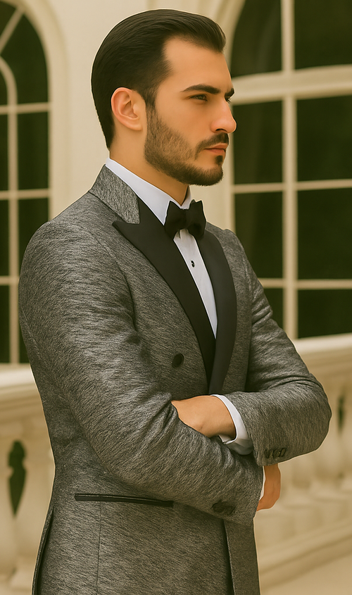 Silver Double Breasted Rough Streak Pattern Satin Peak Lapel Stacy Adams Men's Jacket