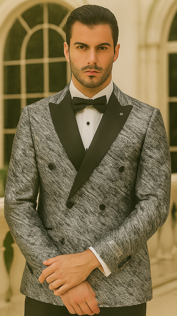 Silver Double Breasted Rough Streak Pattern Satin Peak Lapel Stacy Adams Men's Jacket – SuitUSA