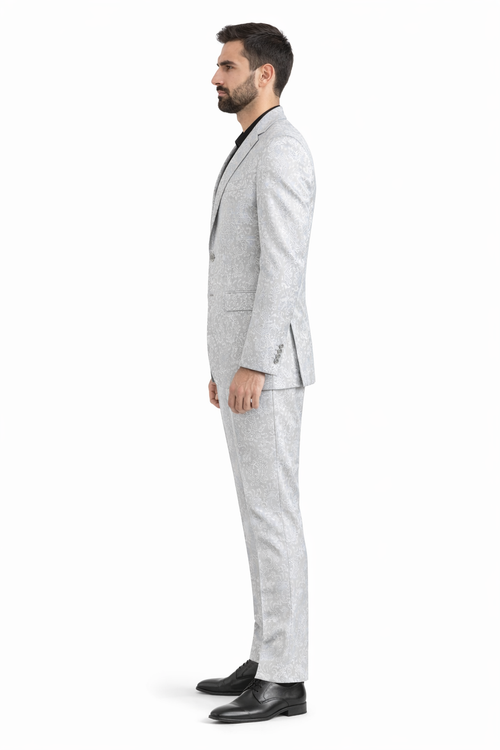Silver Prom Suit - Platinum Color With Stage Suit MEN'S SLIM FIT SHINY PAISLEY PROM & WEDDING SUIT IN SILVER GREY