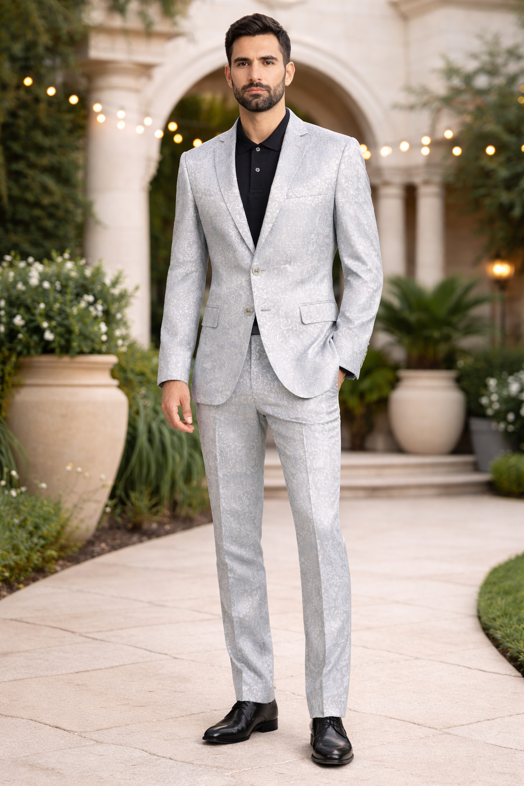 Silver Prom Suit - Platinum Color With Stage Suit MEN'S SLIM FIT SHINY PAISLEY PROM & WEDDING SUIT IN SILVER GREY