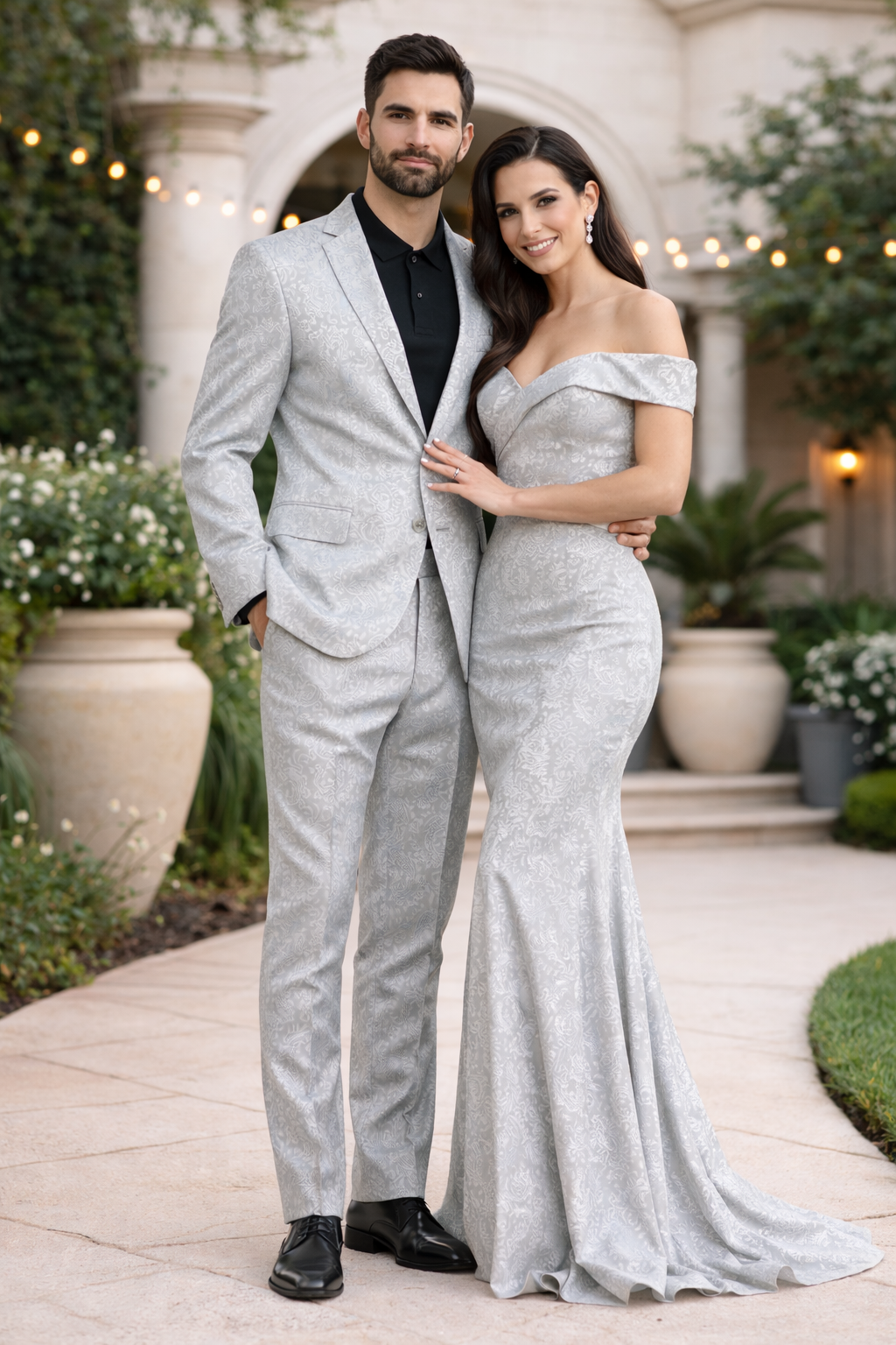 Silver Prom Suit - Platinum Color With Stage Suit MEN'S SLIM FIT SHINY PAISLEY PROM & WEDDING SUIT IN SILVER GREY