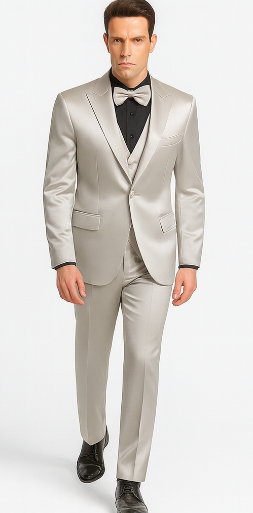 Silver Satin Slim Fit 3 Piece Tazzio Men's Suit with Peak Lapel Jacket – Modern Design