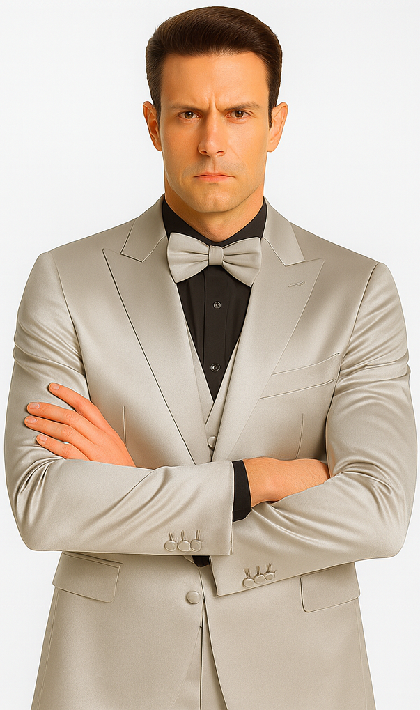 Silver Satin Slim Fit 3 Piece Tazzio Men's Suit with Peak Lapel Jacket – Modern Design