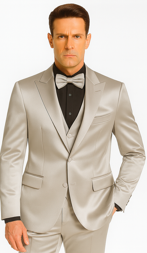 Silver Satin Slim Fit 3 Piece Tazzio Men's Suit with Peak Lapel Jacket – Modern Design