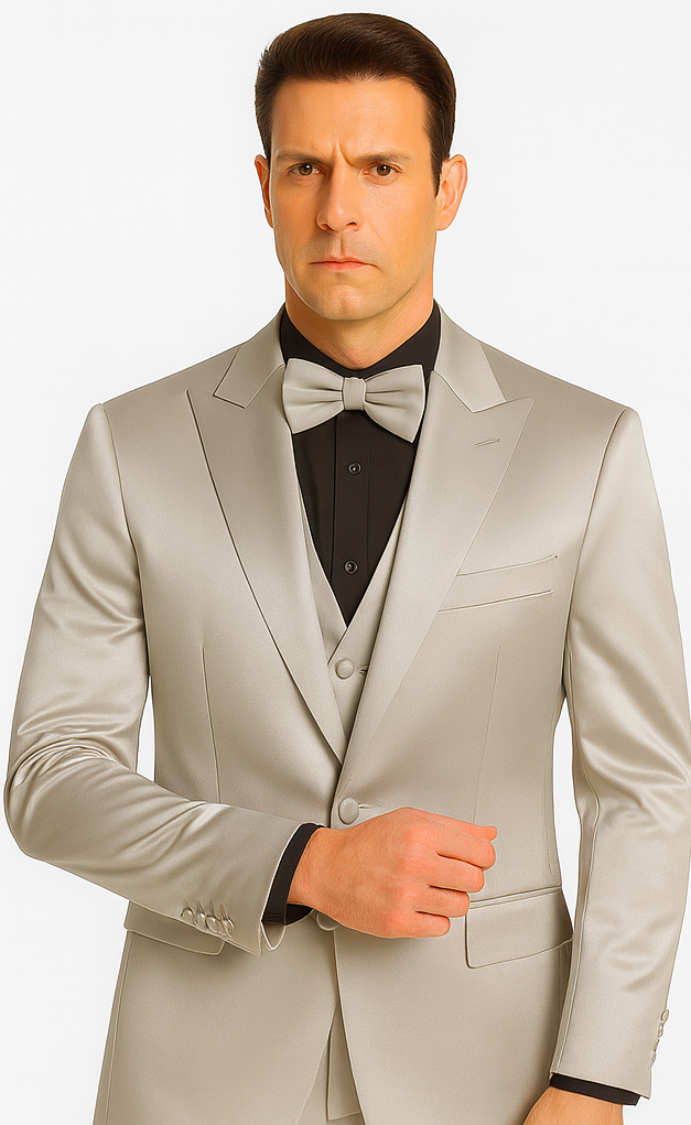 Silver Satin Slim Fit 3 Piece Tazzio Men's Suit with Peak Lapel Jacket – Modern Design