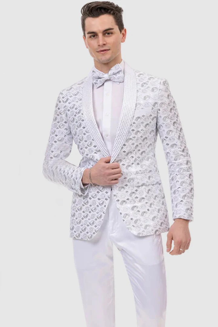 All White Mens Tuxedo -  Wedding Suit - Mens Modern Silver Sequin Swirl Prom Tuxedo Jacket In White - Men's Tuxedo USA – SuitUSA