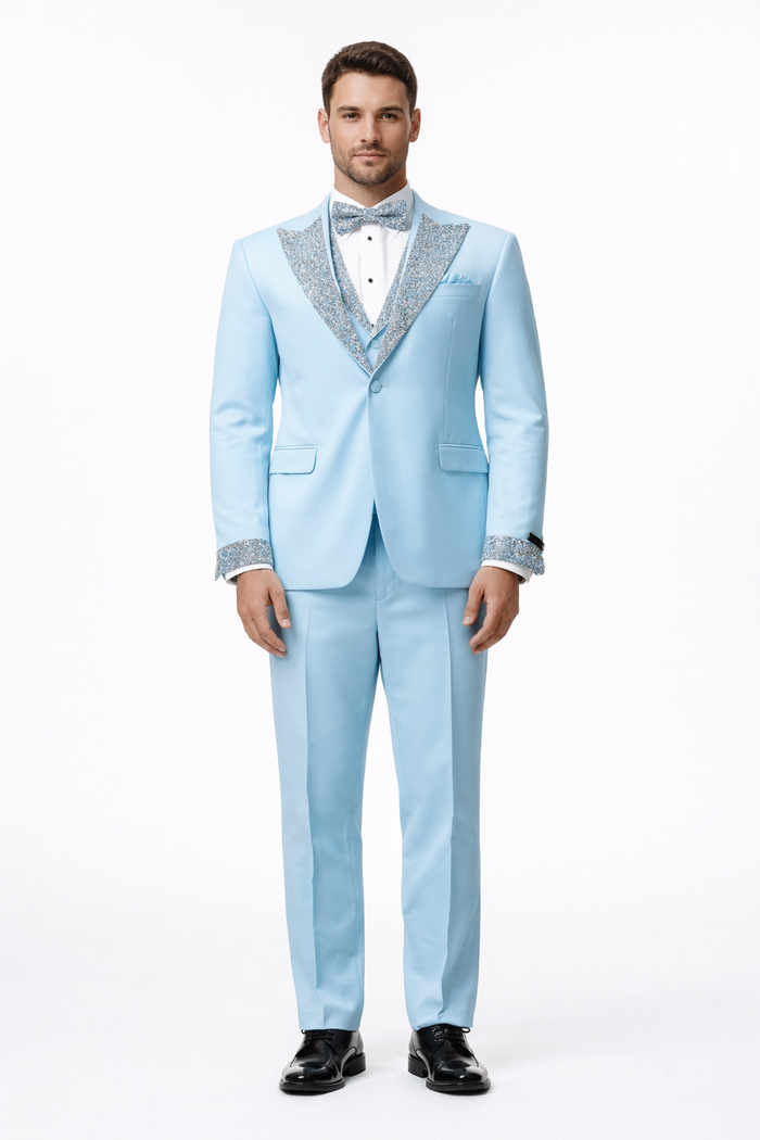 Sky Blue Prom Tuxedo - Perfect Wedding Suit Vested Rhinestone Lapelled by USA Men's Outlet