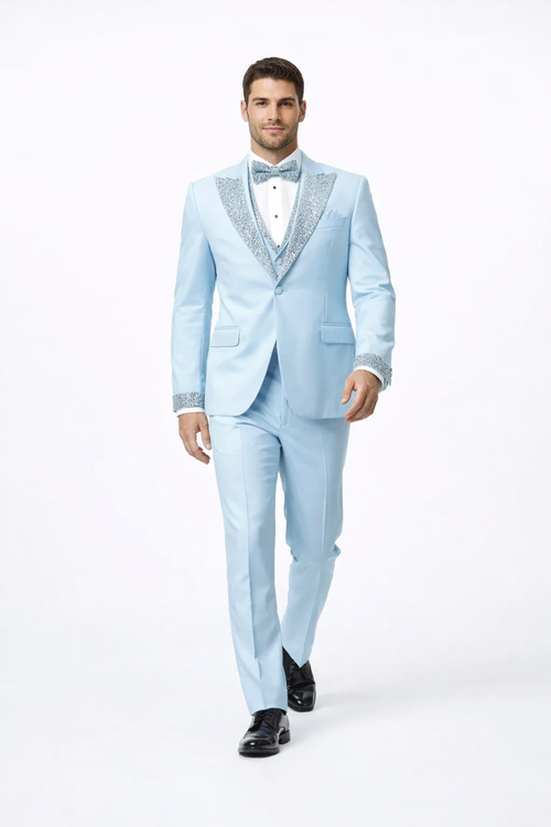 Sky Blue Prom Tuxedo - Perfect Wedding Suit Vested Rhinestone Lapelled by USA Men's Outlet