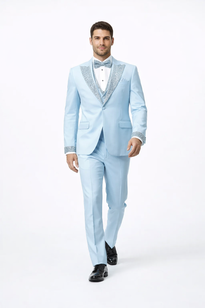 Sky Blue Prom Tuxedo - Perfect Wedding Suit Vested Rhinestone Lapelled by USA Men's Outlet