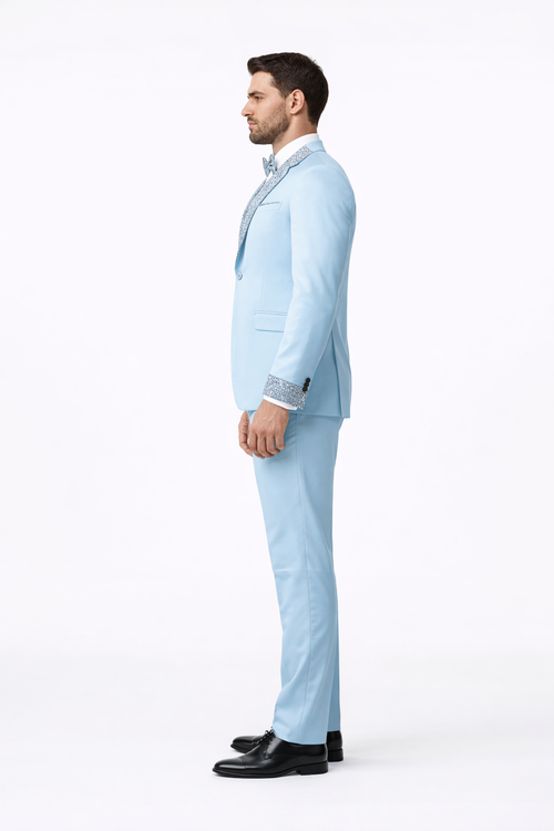 Sky Blue Prom Tuxedo - Perfect Wedding Suit Vested Rhinestone Lapelled by USA Men's Outlet