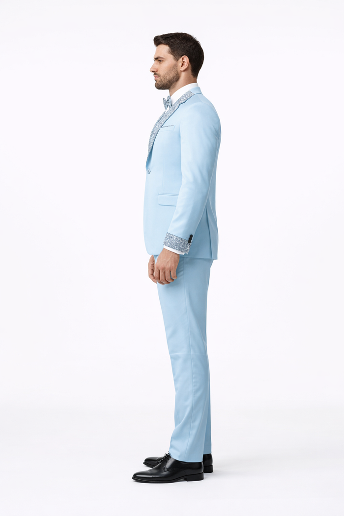 Sky Blue Prom Tuxedo - Perfect Wedding Suit Vested Rhinestone Lapelled by USA Men's Outlet
