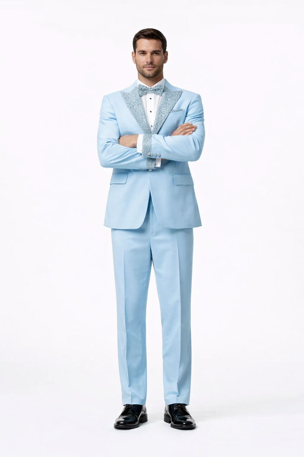 Sky Blue Prom Tuxedo - Perfect Wedding Suit Vested Rhinestone Lapelled by USA Men's Outlet