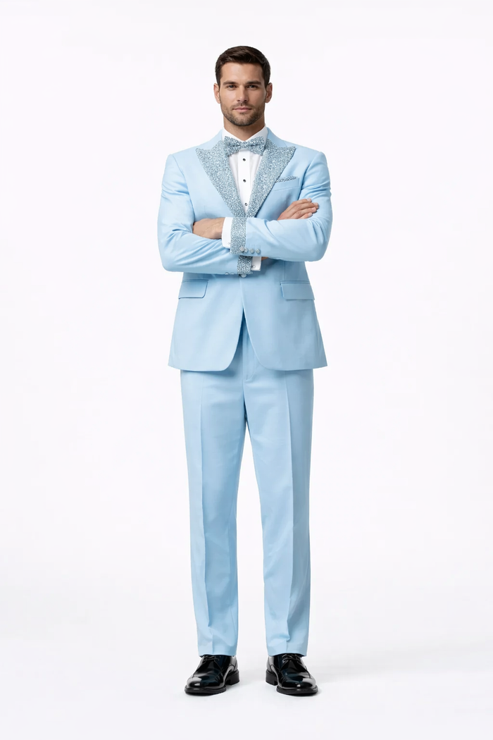 Sky Blue Prom Tuxedo - Perfect Wedding Suit Vested Rhinestone Lapelled by USA Men's Outlet