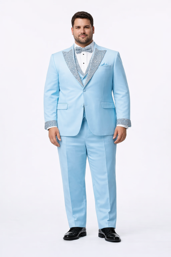 Sky Blue Prom Tuxedo - Perfect Wedding Suit Vested Rhinestone Lapelled by USA Men's Outlet