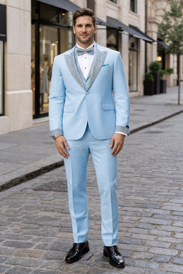 Sky Blue Prom Tuxedo - Perfect Wedding Suit Vested Rhinestone Lapelled by USA Men's Outlet
