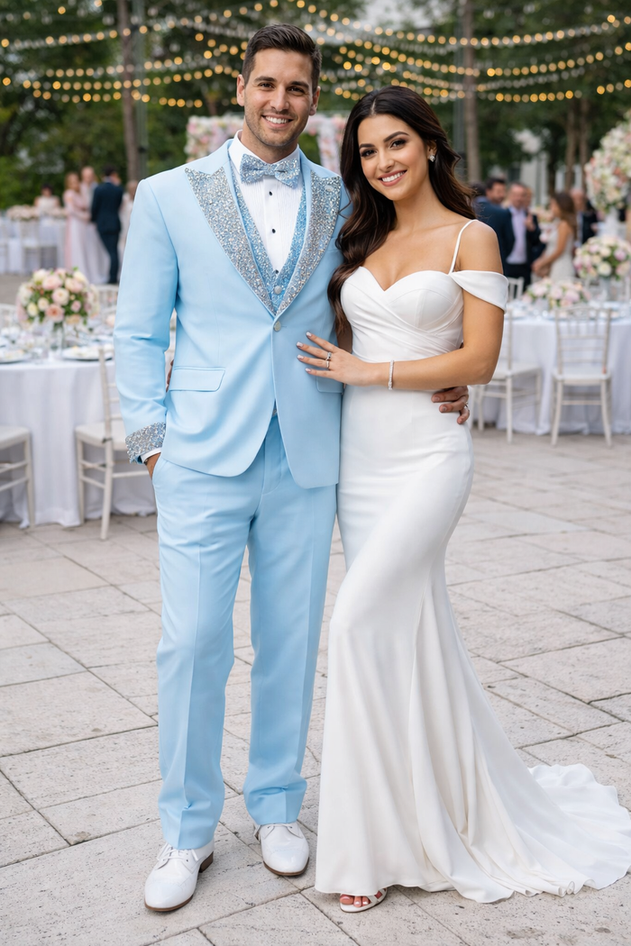 Sky Blue Prom Tuxedo - Perfect Wedding Suit Vested Rhinestone Lapelled by USA Men's Outlet