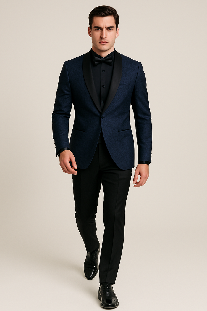 Mens Slim Fit Paisley Shawl Lapel Prom Dinner Jacket Tuxedo Blazer in Navy Blue by menstuxedousain