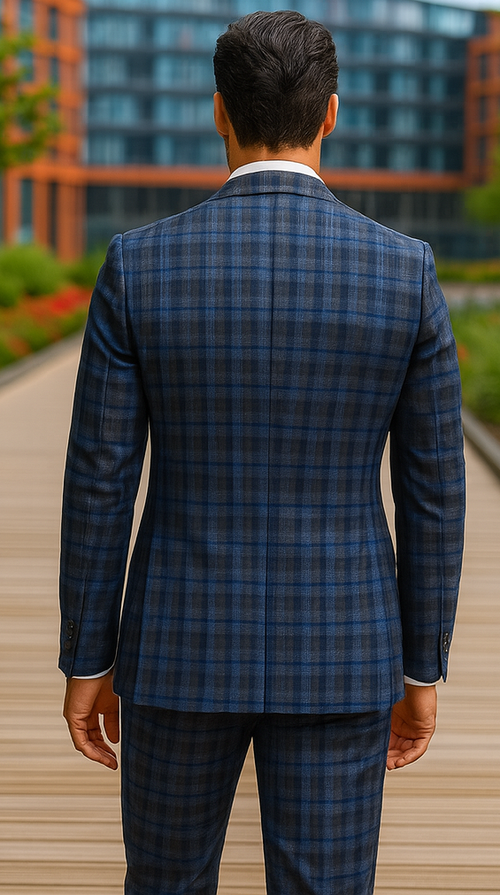 Slim Fit Wool Plaid Blazer - Renoir Navy & Grey Windowpane
