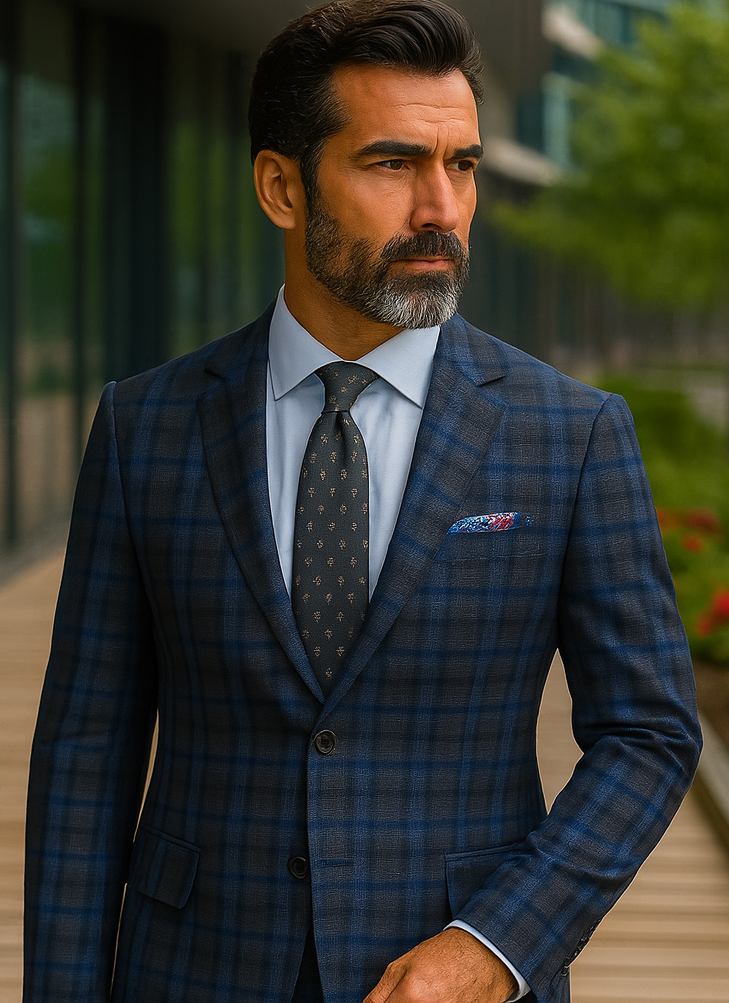 Slim Fit Wool Plaid Blazer - Renoir Navy & Grey Windowpane