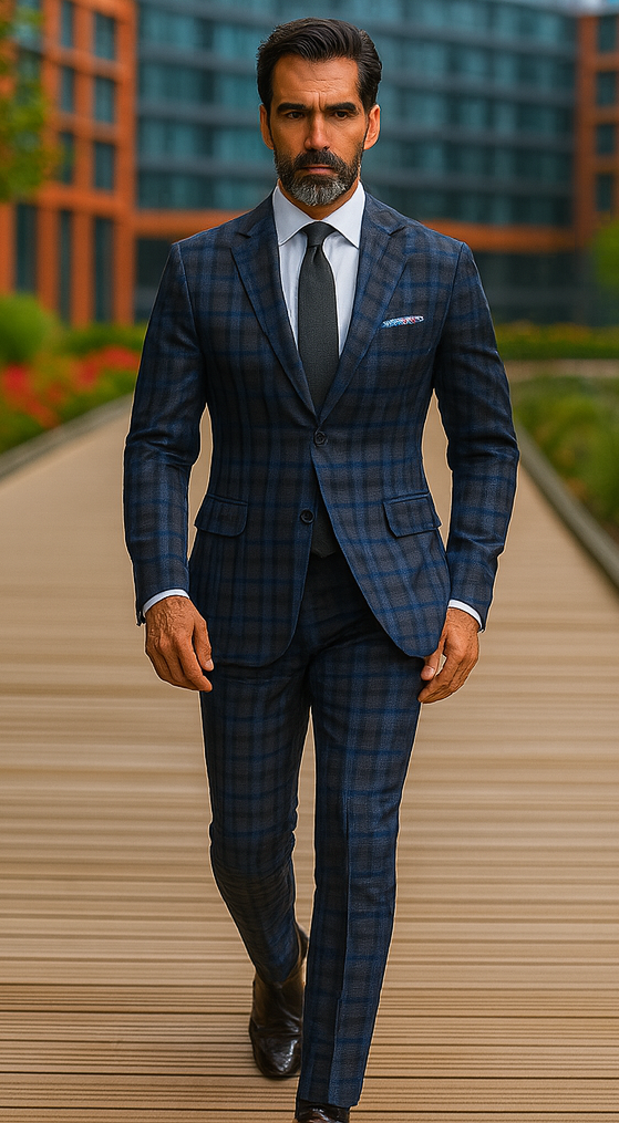 Slim Fit Wool Plaid Blazer - Renoir Navy & Grey Windowpane