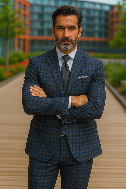 Slim Fit Wool Plaid Blazer - Renoir Navy & Grey Windowpane