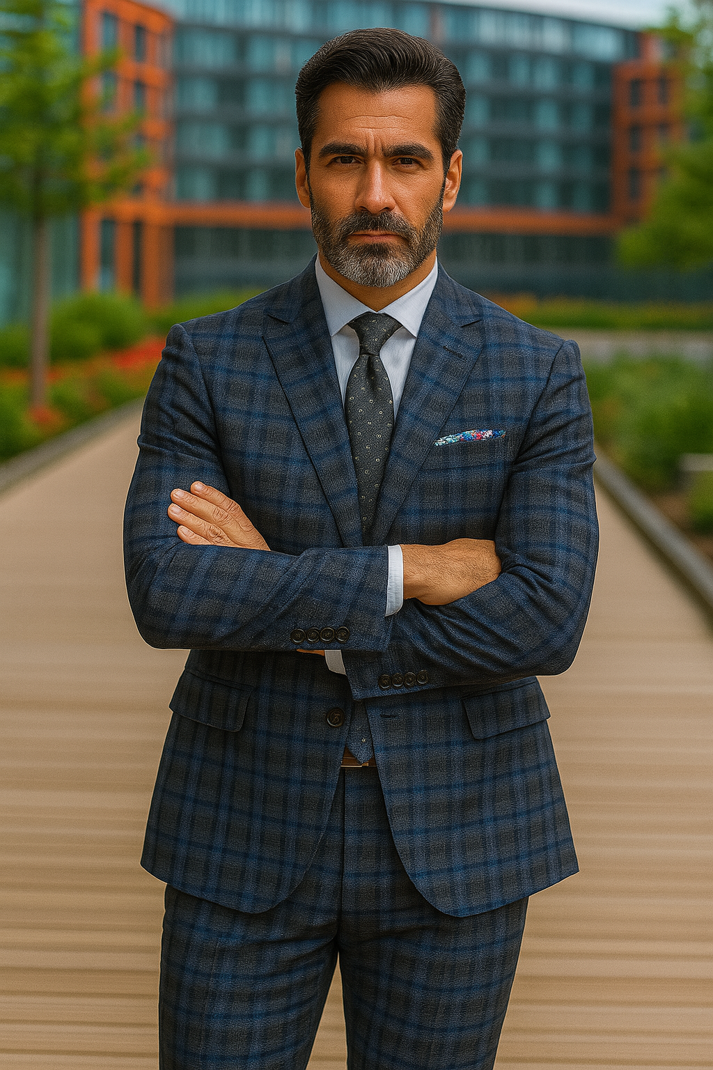 Slim Fit Wool Plaid Blazer - Renoir Navy & Grey Windowpane