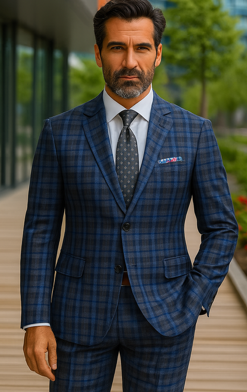 Slim Fit Wool Plaid Blazer - Renoir Navy & Grey Windowpane