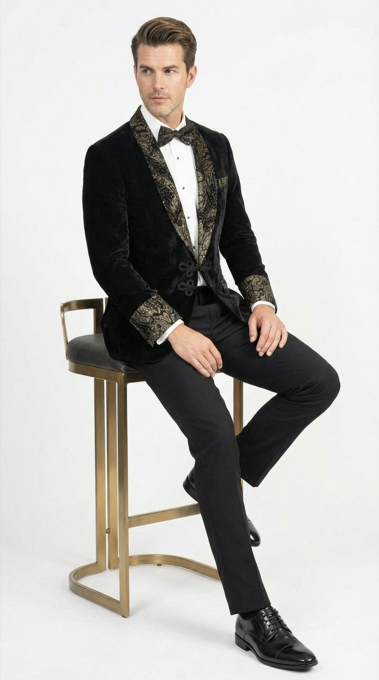 Men’s Smoking Jacket  Black and Gold Embroidered Tuxedo Blazer – Luxury Velvet Formal Dinner Jacket with Paisley Lapel