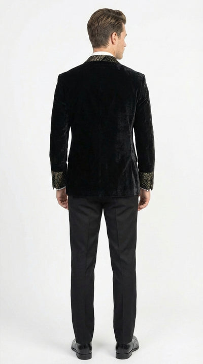 Men’s Smoking Jacket  Black and Gold Embroidered Tuxedo Blazer – Luxury Velvet Formal Dinner Jacket with Paisley Lapel