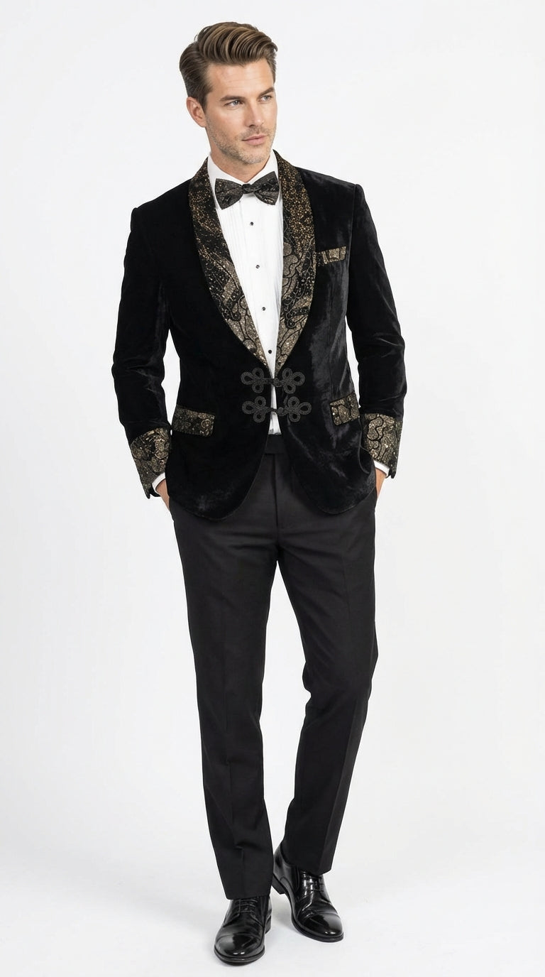 Men’s Smoking Jacket  Black and Gold Embroidered Tuxedo Blazer – Luxury Velvet Formal Dinner Jacket with Paisley Lapel